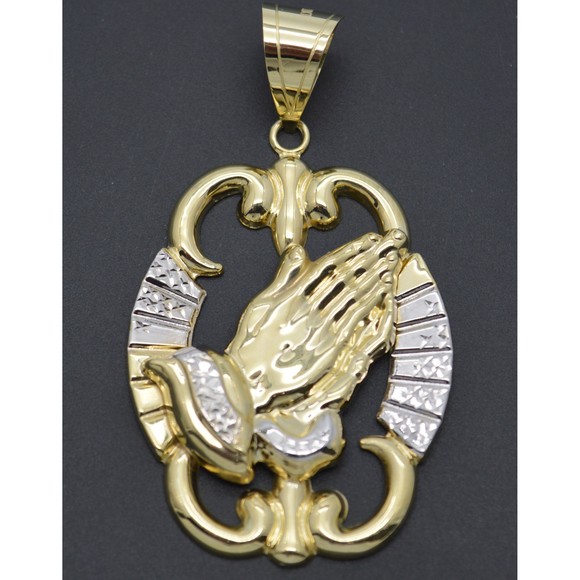 Real 10K Yellow White Gold Two-Tone Praying Hands Diamond Cut Pendant 8.3 grams